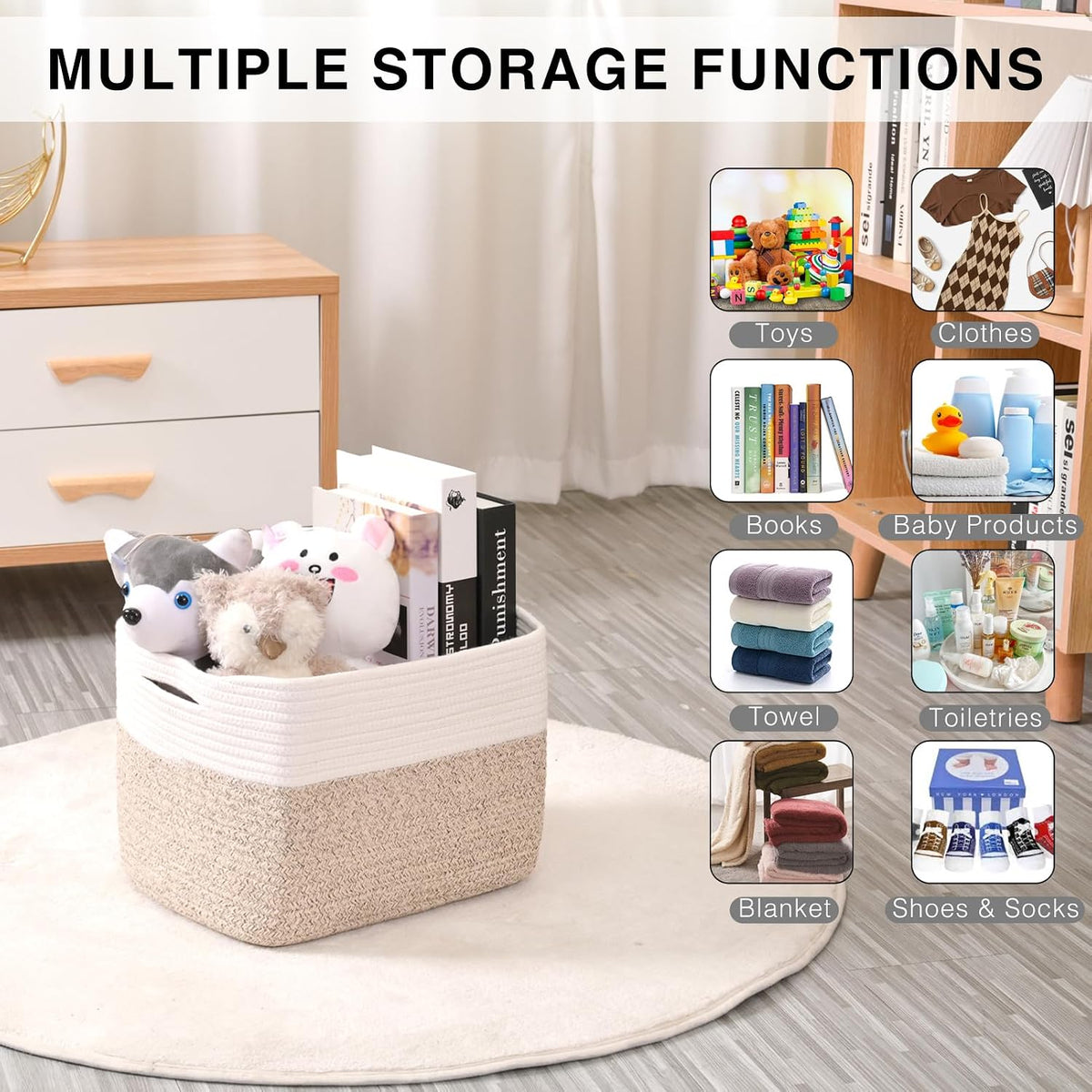 Storage Baskets for Organizing Shelves, Woven Cotton Rope Bins for Baby Nursery Organization, Book Toy Towel Organizer, 15"x11"x9.5", 3 Packs, Dark Brown