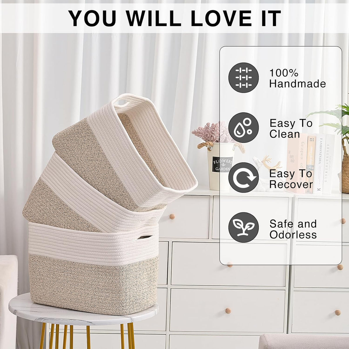 Storage Baskets for Organizing Shelves, Woven Cotton Rope Bins for Baby Nursery Organization, Book Toy Towel Organizer, 15"x11"x9.5", 3 Packs, Dark Brown