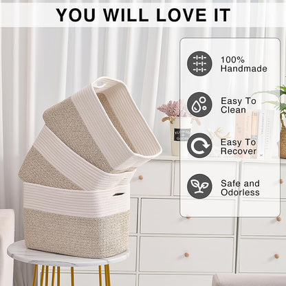 Storage Baskets for Organizing Shelves, Woven Cotton Rope Bins for Baby Nursery Organization, Book Toy Towel Organizer, 15"x11"x9.5", 3 Packs, Dark Brown