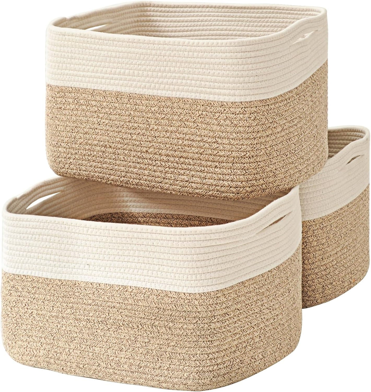 Storage Baskets for Organizing Shelves, Woven Cotton Rope Bins for Baby Nursery Organization, Book Toy Towel Organizer, 15"x11"x9.5", 3 Packs, Dark Brown