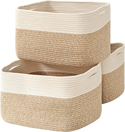 Storage Baskets for Organizing Shelves, Woven Cotton Rope Bins for Baby Nursery Organization, Book Toy Towel Organizer, 15"x11"x9.5", 3 Packs, Dark Brown