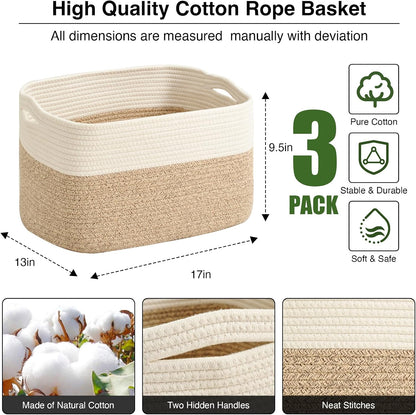 Storage Baskets for Organizing Shelves, Woven Cotton Rope Bins for Baby Nursery Organization, Book Toy Towel Organizer, 15"x11"x9.5", 3 Packs, Dark Brown