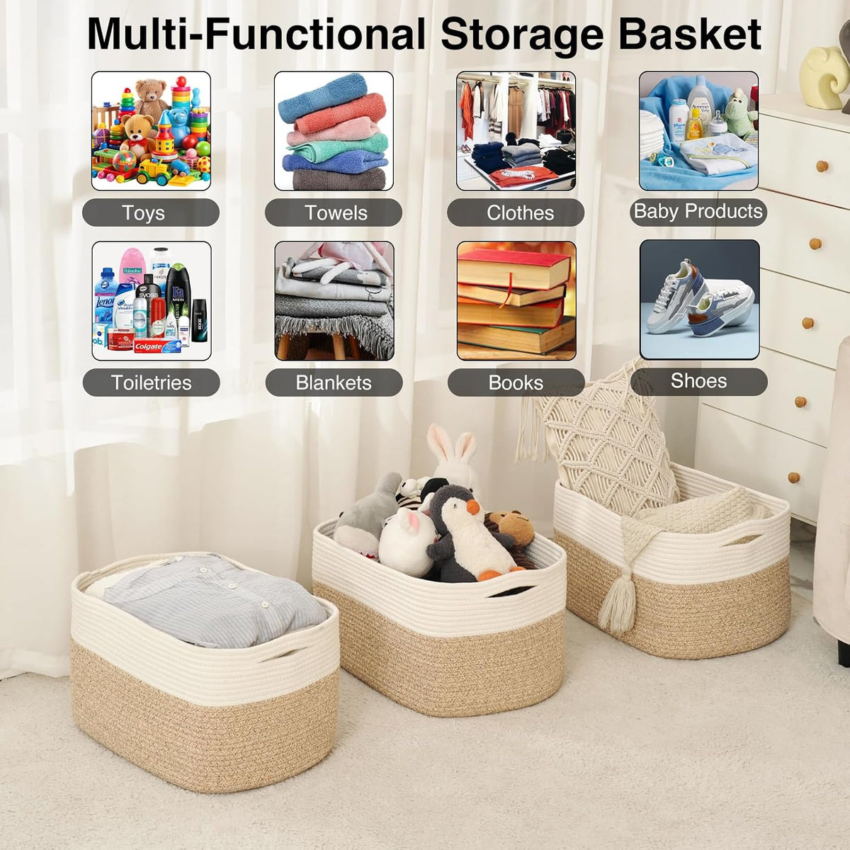 Storage Baskets for Organizing Shelves, Woven Cotton Rope Bins for Baby Nursery Organization, Book Toy Towel Organizer, 15"x11"x9.5", 3 Packs, Dark Brown