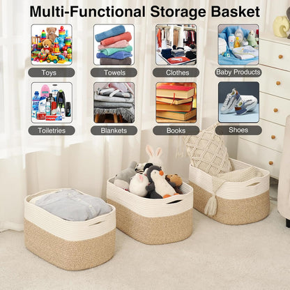 Storage Baskets for Organizing Shelves, Woven Cotton Rope Bins for Baby Nursery Organization, Book Toy Towel Organizer, 15"x11"x9.5", 3 Packs, Dark Brown