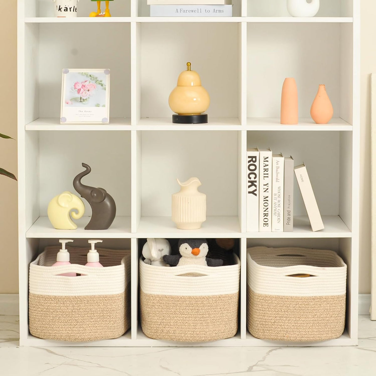 Storage Baskets for Organizing Shelves, Woven Cotton Rope Bins for Baby Nursery Organization, Book Toy Towel Organizer, 15"x11"x9.5", 3 Packs, Dark Brown