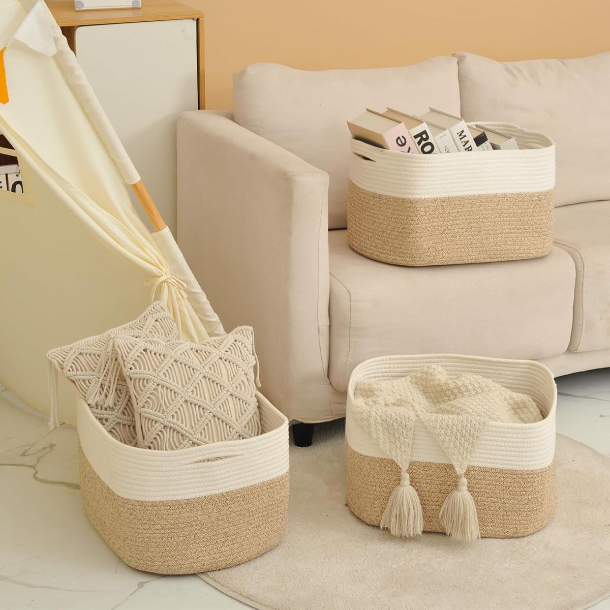 Storage Baskets for Organizing Shelves, Woven Cotton Rope Bins for Baby Nursery Organization, Book Toy Towel Organizer, 15"x11"x9.5", 3 Packs, Dark Brown