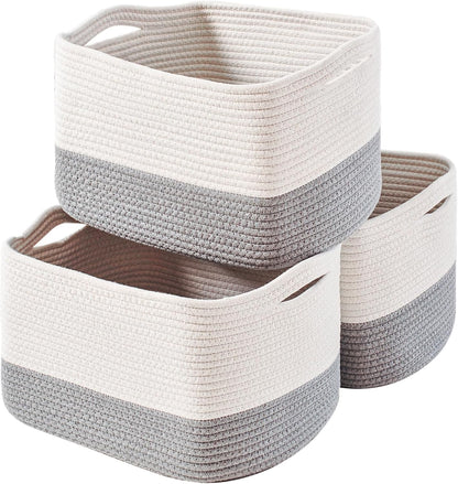 Storage Baskets for Organizing Shelves, Woven Cotton Rope Bins for Baby Nursery Organization, Book Toy Towel Organizer, 15"x11"x9.5", 3 Packs, Dark Brown