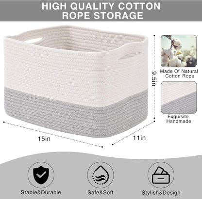 Storage Baskets for Organizing Shelves, Woven Cotton Rope Bins for Baby Nursery Organization, Book Toy Towel Organizer, 15"x11"x9.5", 3 Packs, Dark Brown