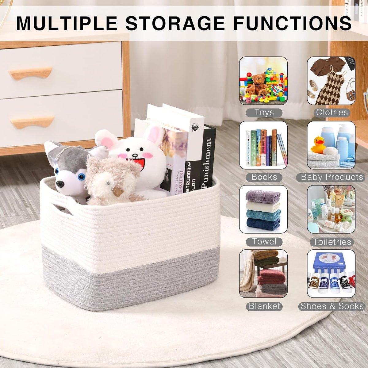 Storage Baskets for Organizing Shelves, Woven Cotton Rope Bins for Baby Nursery Organization, Book Toy Towel Organizer, 15"x11"x9.5", 3 Packs, Dark Brown