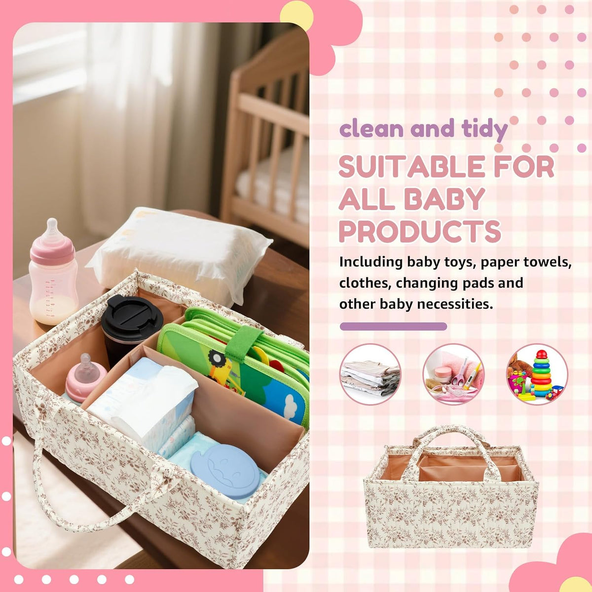 Diaper Caddy Organizer with Handles and Removable Dividers Portable Nursery Storage Basket Versatile Baby Storage Basket for Newborn Boy and Girl