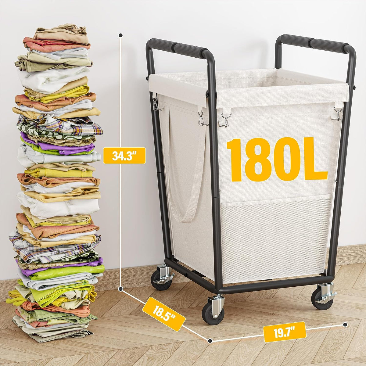 160L Double Laundry Hamper with Lid, Bamboo Frame,Removable Bag,Grey