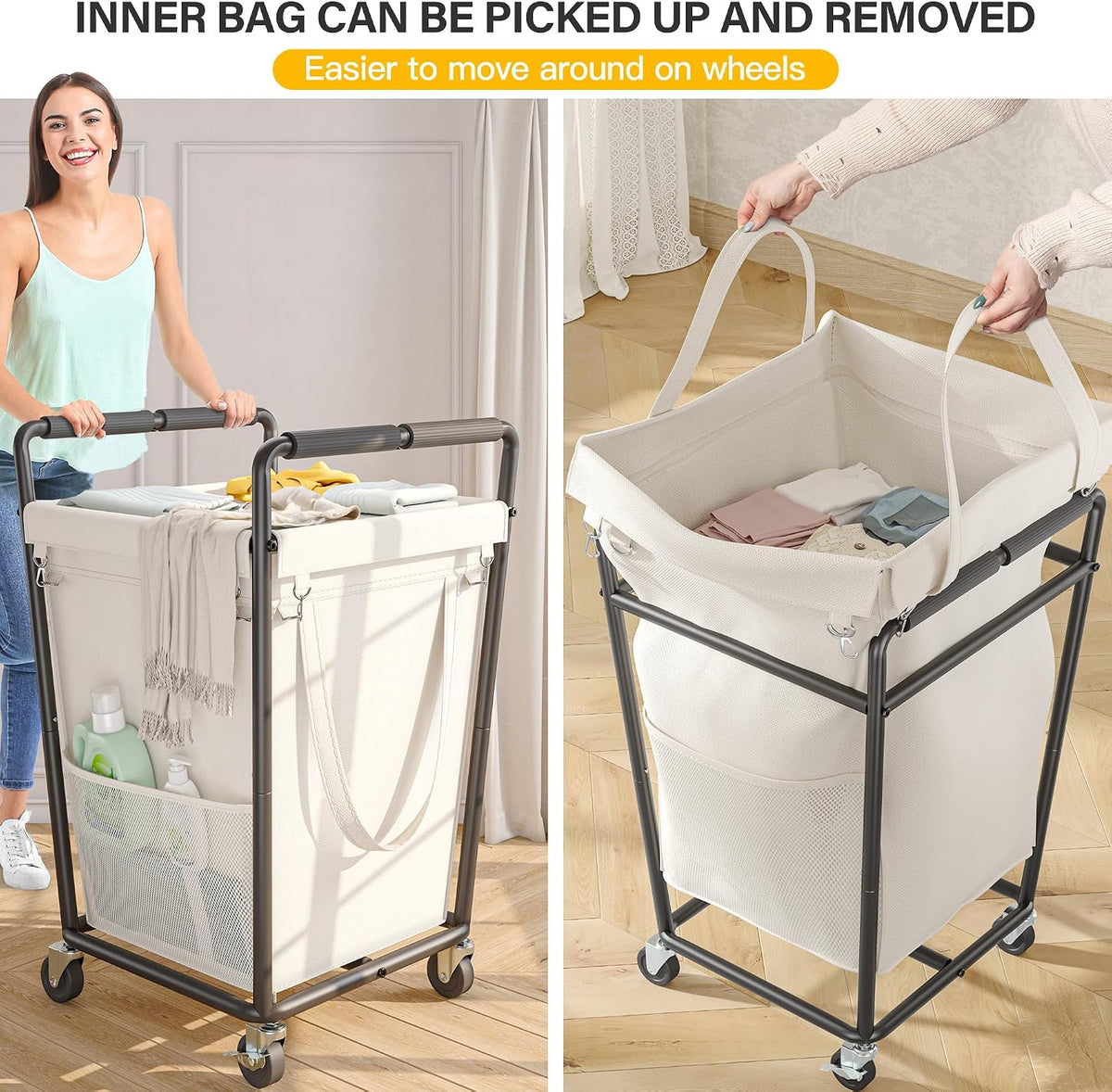 160L Double Laundry Hamper with Lid, Bamboo Frame,Removable Bag,Grey