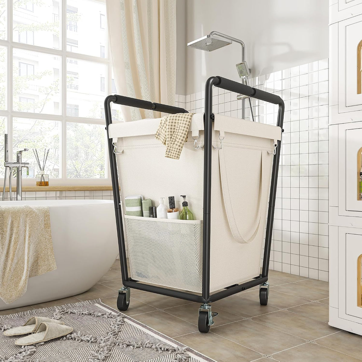160L Double Laundry Hamper with Lid, Bamboo Frame,Removable Bag,Grey