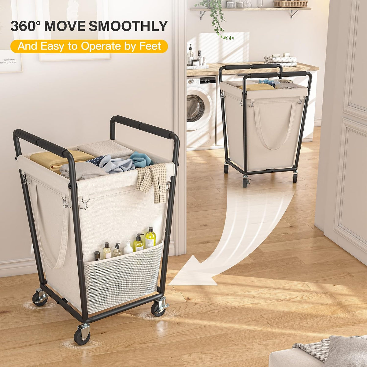 160L Double Laundry Hamper with Lid, Bamboo Frame,Removable Bag,Grey