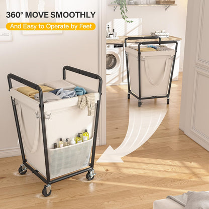 160L Double Laundry Hamper with Lid, Bamboo Frame,Removable Bag,Grey