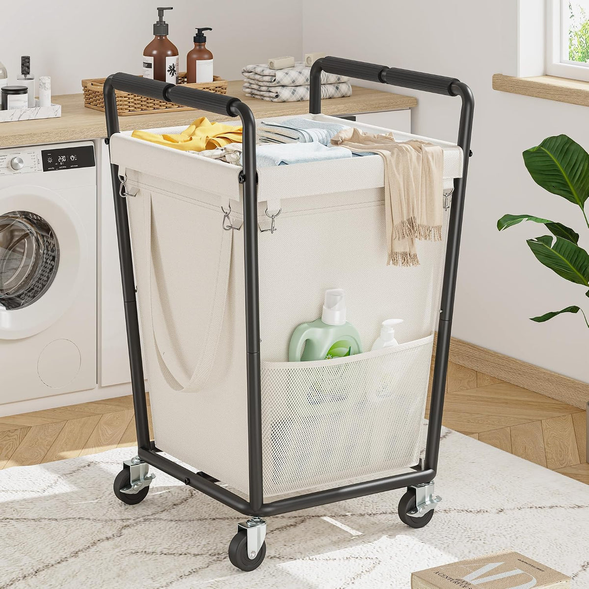 160L Double Laundry Hamper with Lid, Bamboo Frame,Removable Bag,Grey