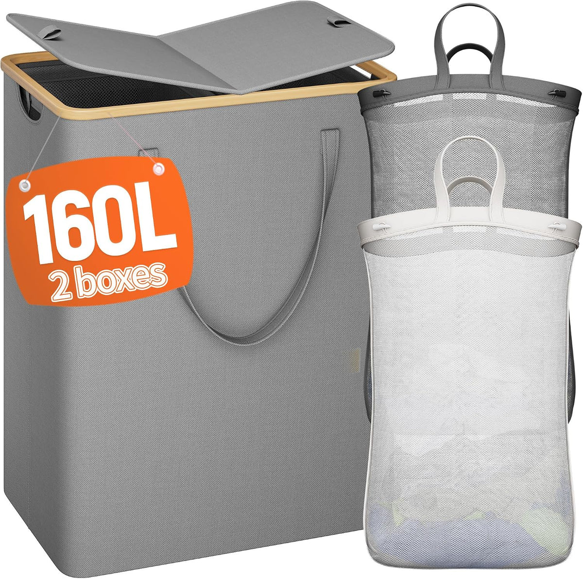 160L Double Laundry Hamper with Lid, Bamboo Frame,Removable Bag,Grey