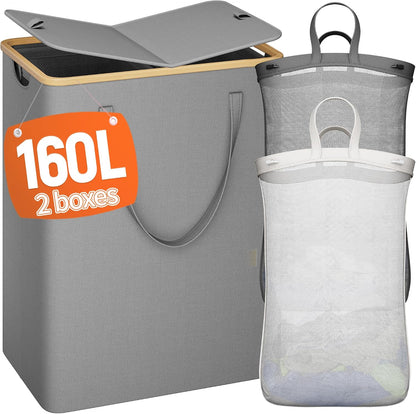 160L Double Laundry Hamper with Lid, Bamboo Frame,Removable Bag,Grey