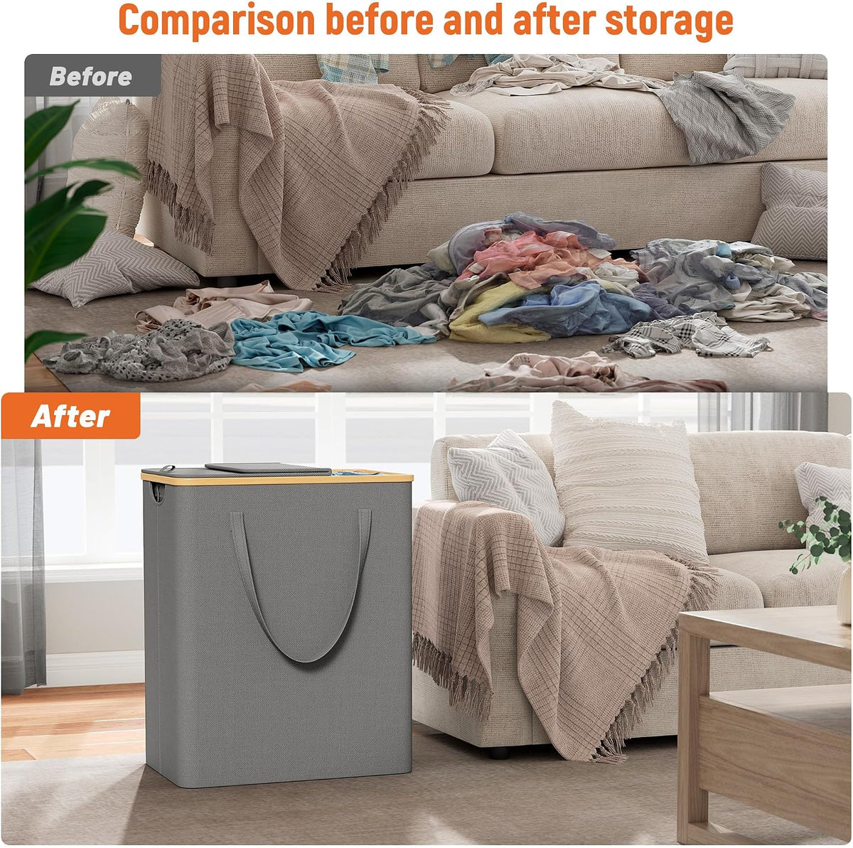 160L Double Laundry Hamper with Lid, Bamboo Frame,Removable Bag,Grey
