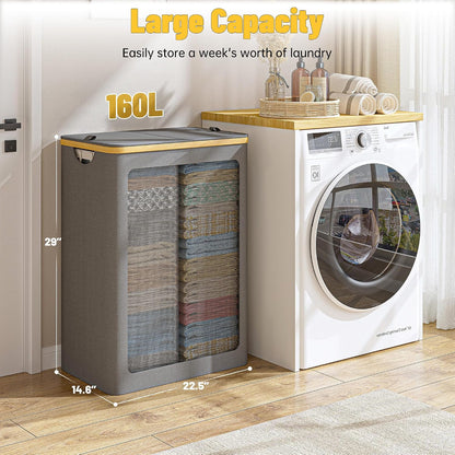 160L Double Laundry Hamper with Lid, Bamboo Frame,Removable Bag,Grey