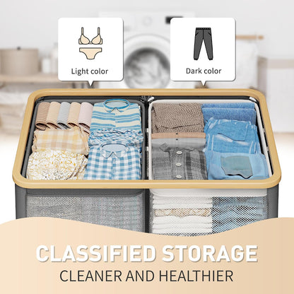 160L Double Laundry Hamper with Lid, Bamboo Frame,Removable Bag,Grey