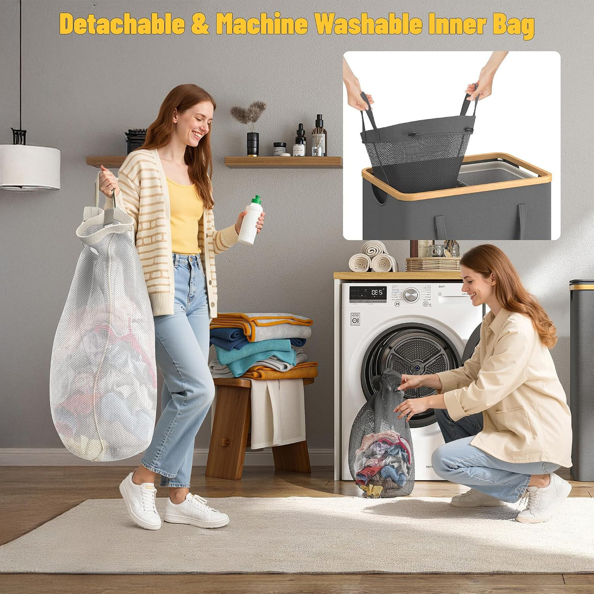 160L Double Laundry Hamper with Lid, Bamboo Frame,Removable Bag,Grey