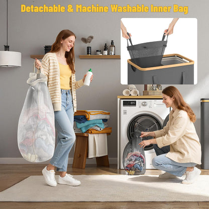 160L Double Laundry Hamper with Lid, Bamboo Frame,Removable Bag,Grey