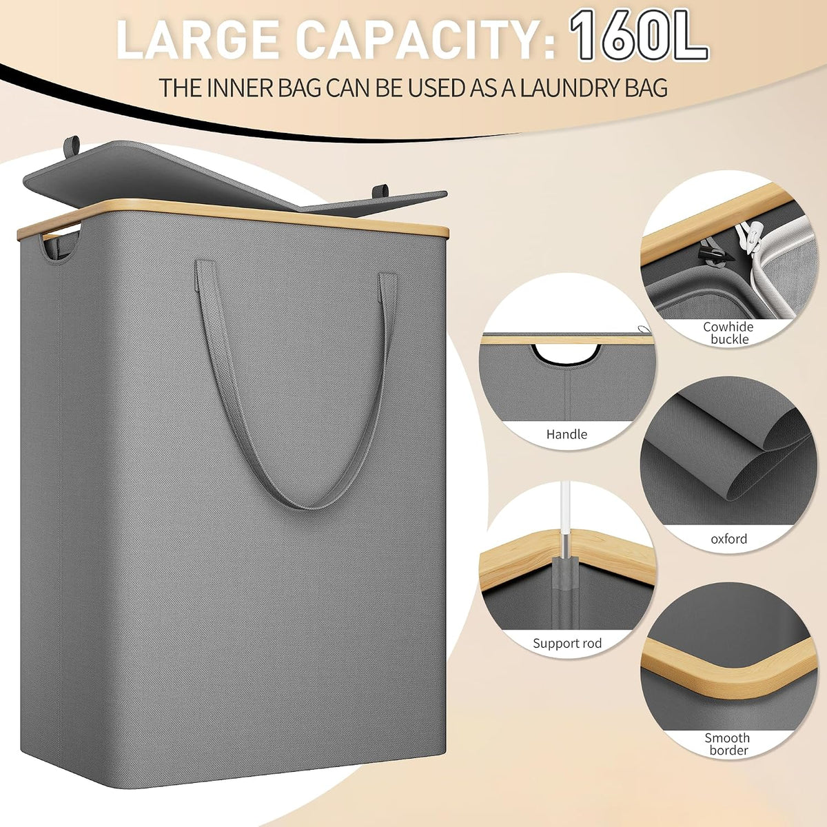 160L Double Laundry Hamper with Lid, Bamboo Frame,Removable Bag,Grey