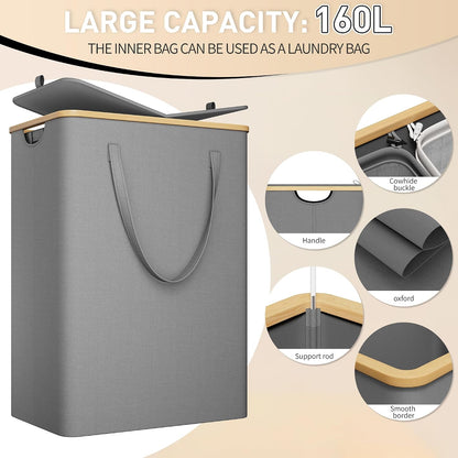 160L Double Laundry Hamper with Lid, Bamboo Frame,Removable Bag,Grey