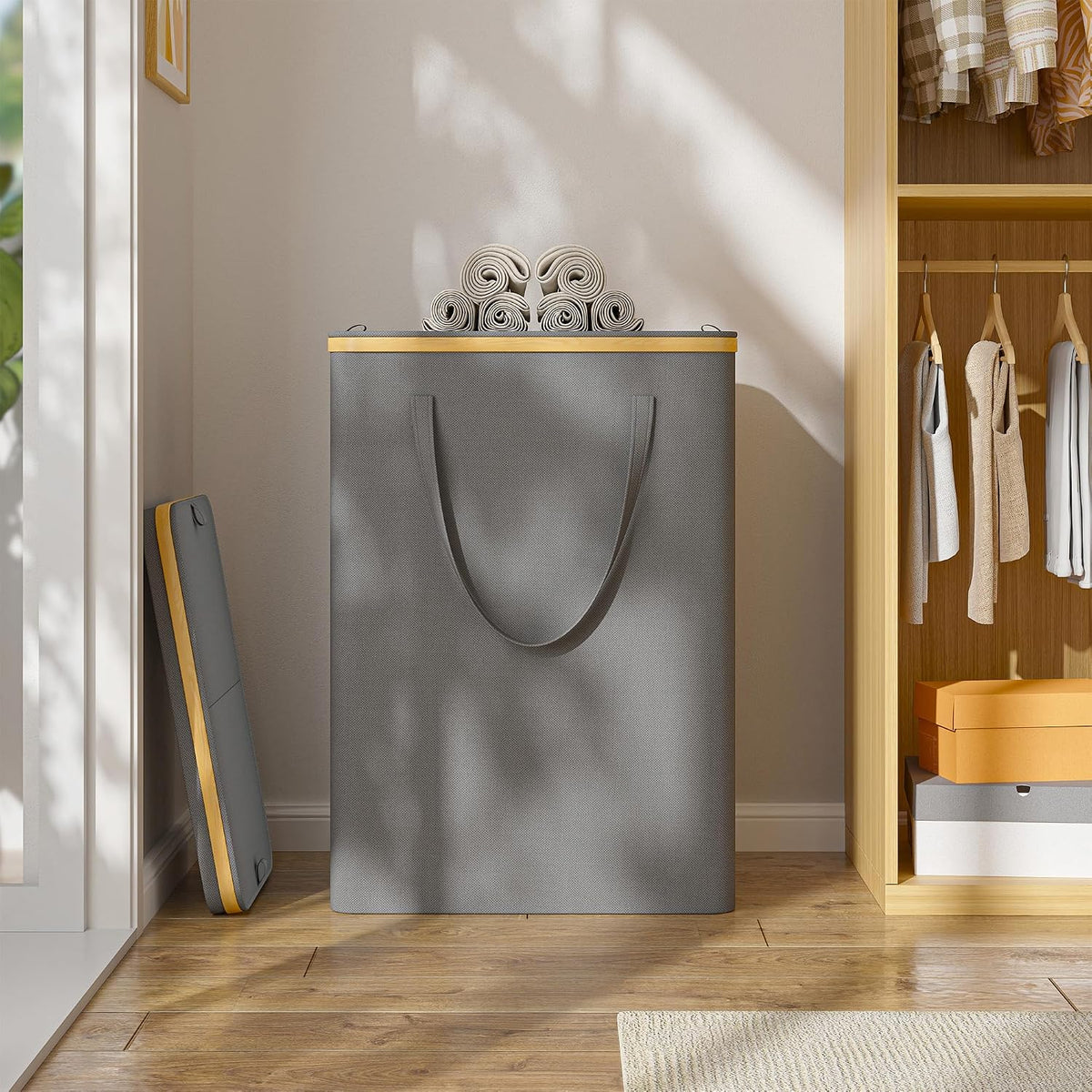 160L Double Laundry Hamper with Lid, Bamboo Frame,Removable Bag,Grey