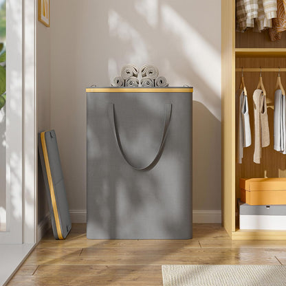 160L Double Laundry Hamper with Lid, Bamboo Frame,Removable Bag,Grey