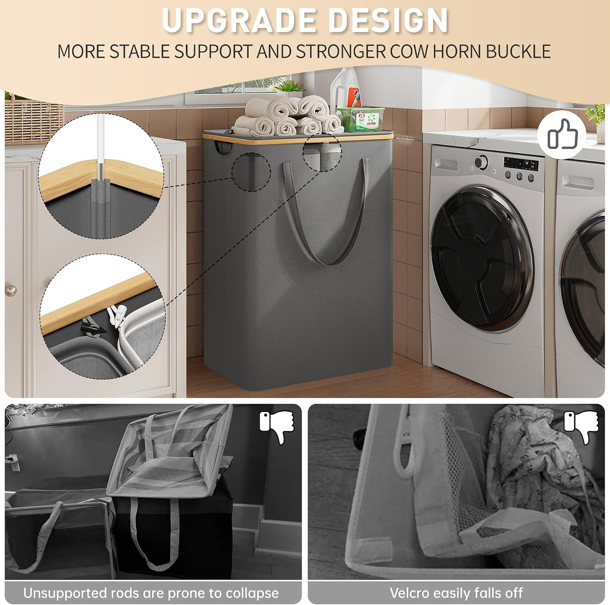 160L Double Laundry Hamper with Lid, Bamboo Frame,Removable Bag,Grey