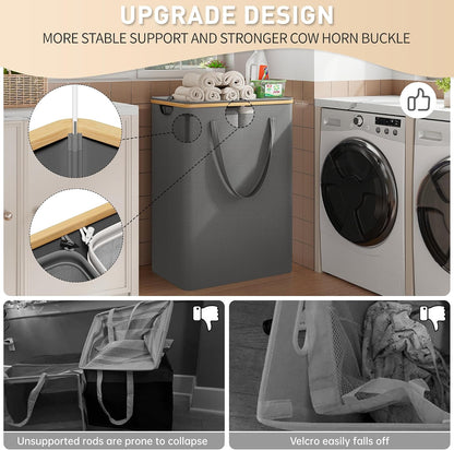 160L Double Laundry Hamper with Lid, Bamboo Frame,Removable Bag,Grey