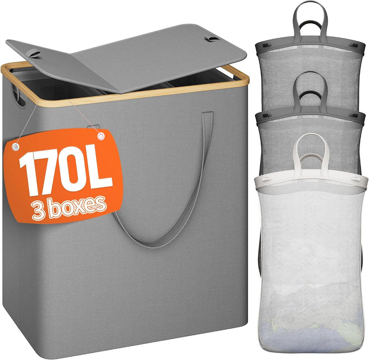 160L Double Laundry Hamper with Lid, Bamboo Frame,Removable Bag,Grey