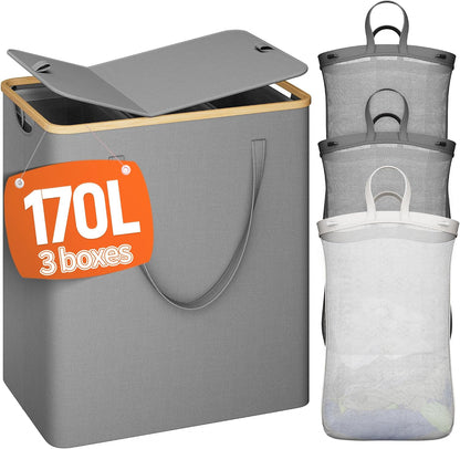 160L Double Laundry Hamper with Lid, Bamboo Frame,Removable Bag,Grey