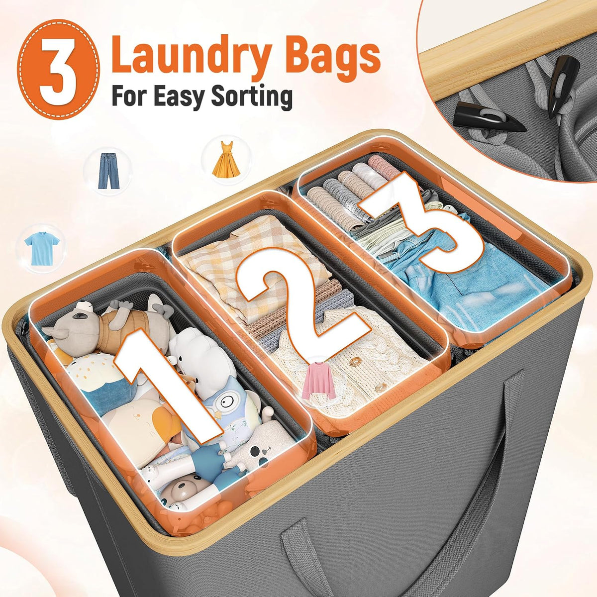 160L Double Laundry Hamper with Lid, Bamboo Frame,Removable Bag,Grey
