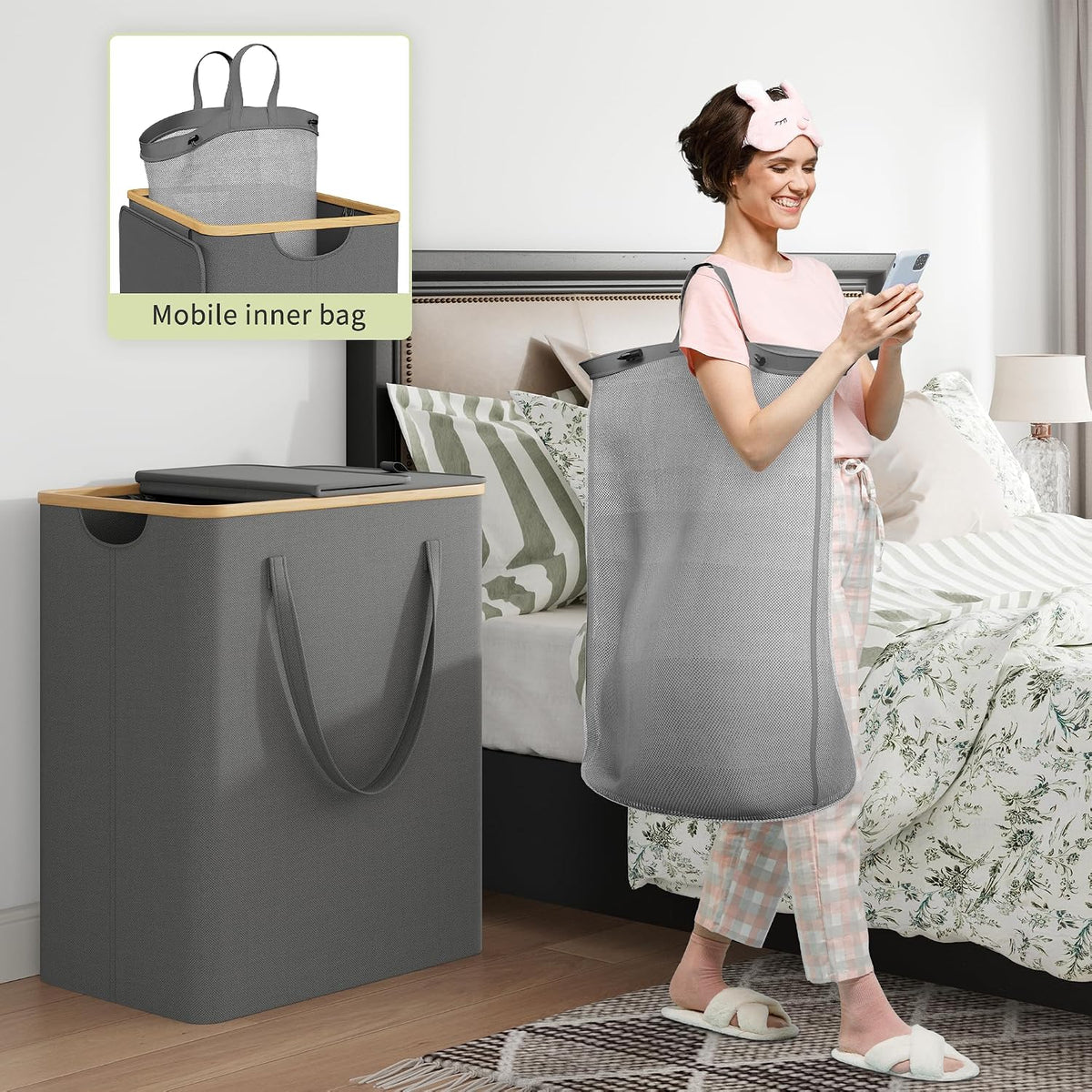 160L Double Laundry Hamper with Lid, Bamboo Frame,Removable Bag,Grey