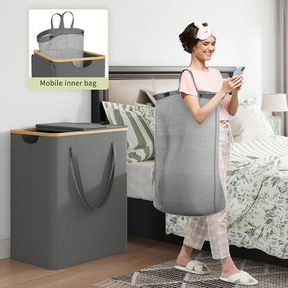160L Double Laundry Hamper with Lid, Bamboo Frame,Removable Bag,Grey
