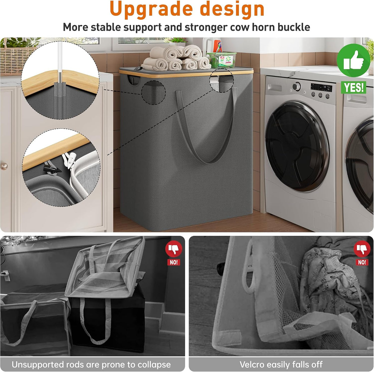 160L Double Laundry Hamper with Lid, Bamboo Frame,Removable Bag,Grey