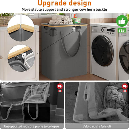 160L Double Laundry Hamper with Lid, Bamboo Frame,Removable Bag,Grey