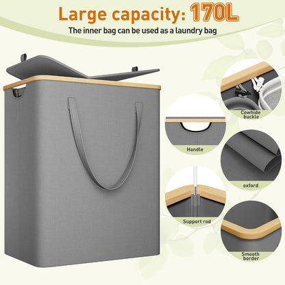 160L Double Laundry Hamper with Lid, Bamboo Frame,Removable Bag,Grey