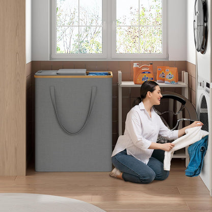160L Double Laundry Hamper with Lid, Bamboo Frame,Removable Bag,Grey