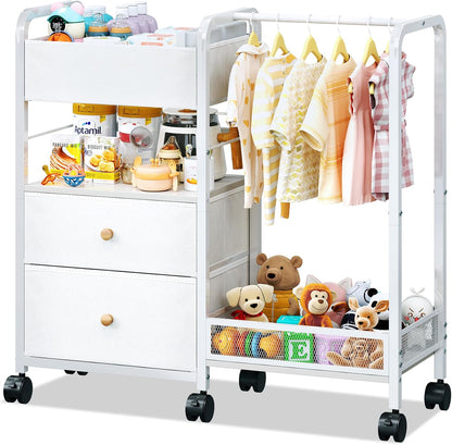 Baby Diaper Caddy Organizer with Hanging Rack, Rolling Diaper Utility Cart with Dividers and Drawers for Baby Essentials Storage, Bedside Cart with Wheels for Changing Station, Crib, Nursery, Bedroom