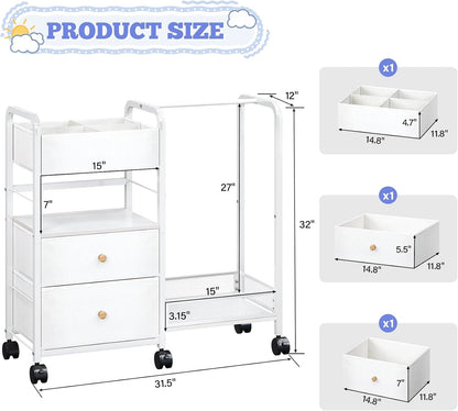 Baby Diaper Caddy Organizer with Hanging Rack, Rolling Diaper Utility Cart with Dividers and Drawers for Baby Essentials Storage, Bedside Cart with Wheels for Changing Station, Crib, Nursery, Bedroom