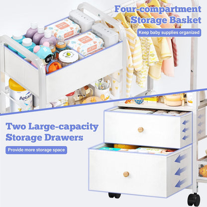Baby Diaper Caddy Organizer with Hanging Rack, Rolling Diaper Utility Cart with Dividers and Drawers for Baby Essentials Storage, Bedside Cart with Wheels for Changing Station, Crib, Nursery, Bedroom