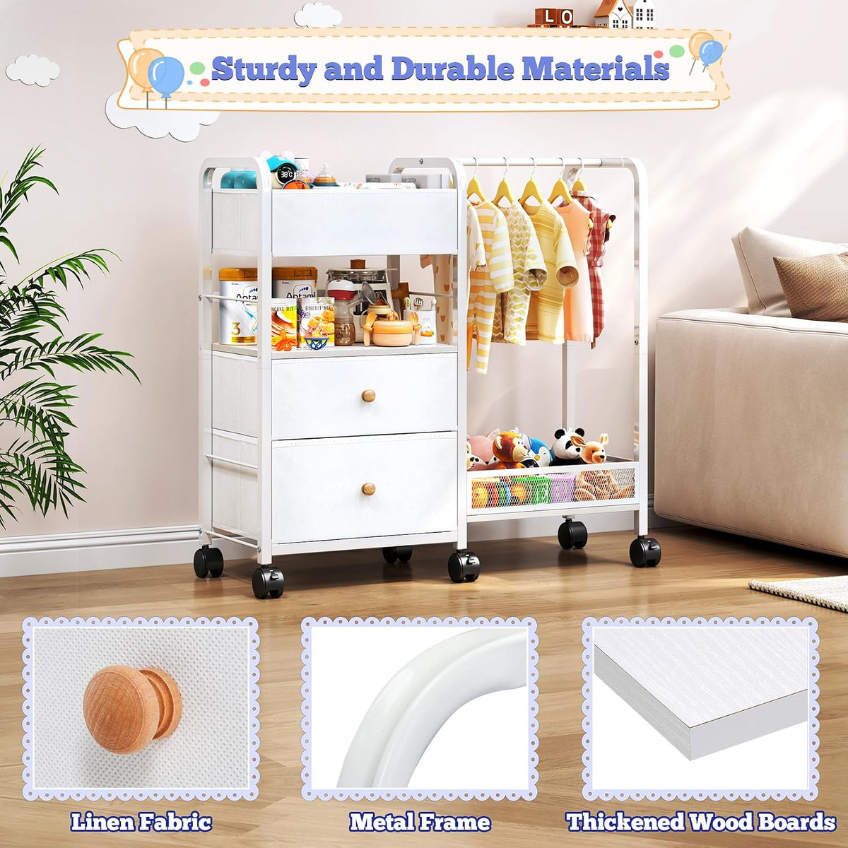 Baby Diaper Caddy Organizer with Hanging Rack, Rolling Diaper Utility Cart with Dividers and Drawers for Baby Essentials Storage, Bedside Cart with Wheels for Changing Station, Crib, Nursery, Bedroom