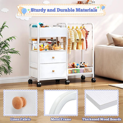 Baby Diaper Caddy Organizer with Hanging Rack, Rolling Diaper Utility Cart with Dividers and Drawers for Baby Essentials Storage, Bedside Cart with Wheels for Changing Station, Crib, Nursery, Bedroom