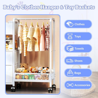Baby Diaper Caddy Organizer with Hanging Rack, Rolling Diaper Utility Cart with Dividers and Drawers for Baby Essentials Storage, Bedside Cart with Wheels for Changing Station, Crib, Nursery, Bedroom