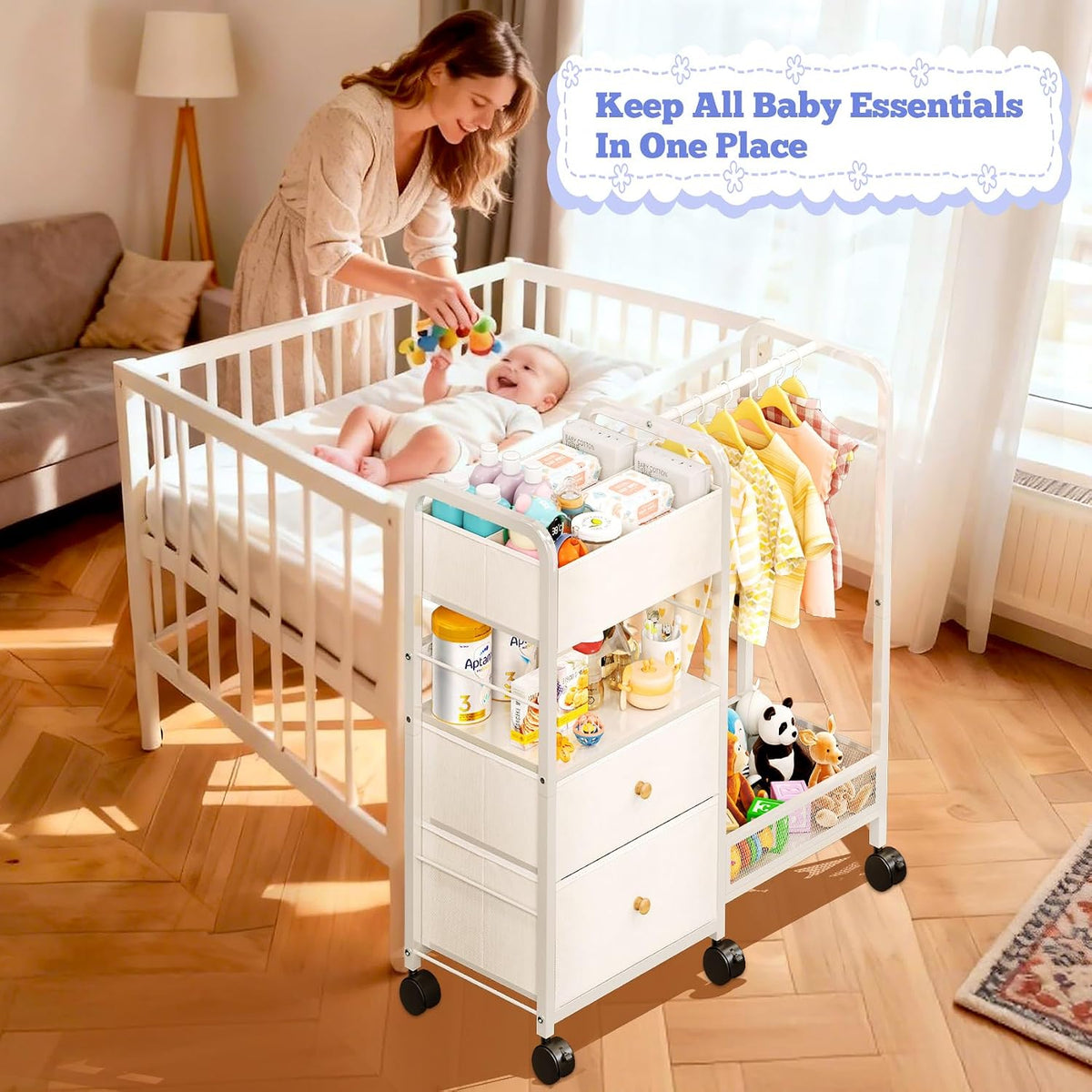 Baby Diaper Caddy Organizer with Hanging Rack, Rolling Diaper Utility Cart with Dividers and Drawers for Baby Essentials Storage, Bedside Cart with Wheels for Changing Station, Crib, Nursery, Bedroom