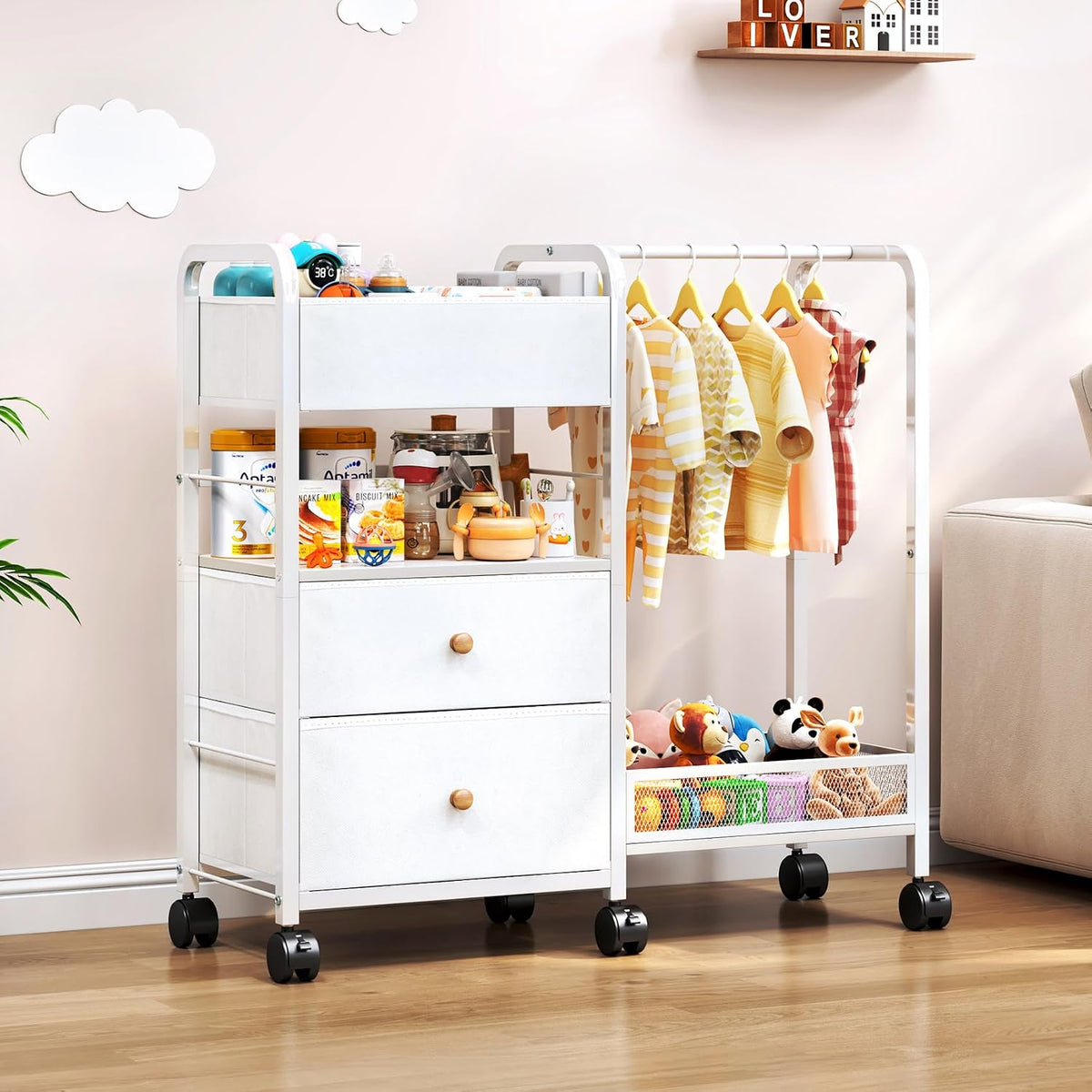 Baby Diaper Caddy Organizer with Hanging Rack, Rolling Diaper Utility Cart with Dividers and Drawers for Baby Essentials Storage, Bedside Cart with Wheels for Changing Station, Crib, Nursery, Bedroom